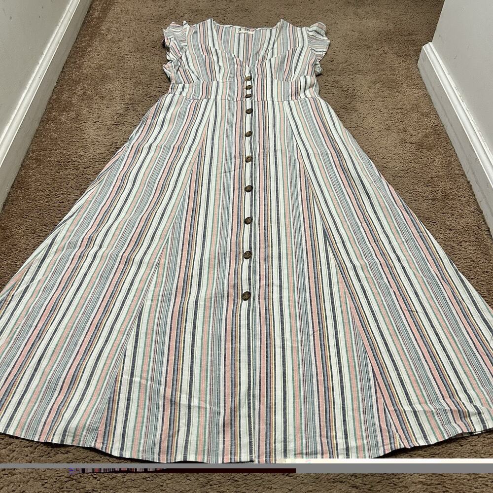 Marine Layer Camila Stripe Hemp Blend Midi Dress White Multi Women's Size Small